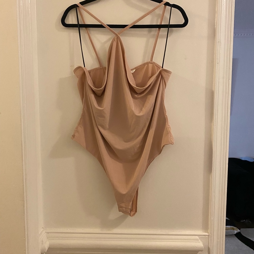H&M Nude Cowl-Front Satin Bodysuit with Spaghetti Straps